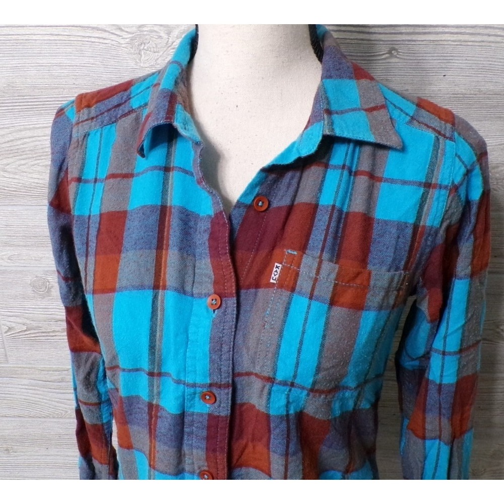 Kavu Women's S Plaid Button Flannel Shirt Teal Burgundy Pocket Hiking Gorpcore - Picture 2 of 11